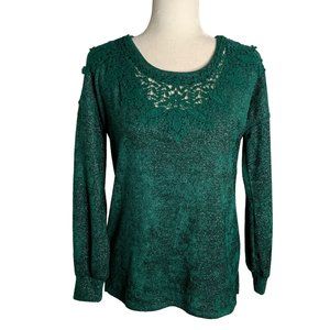 Maurices Applique Cutout Pullover Sweater XS Green Metallic Silver Long Sleeves
